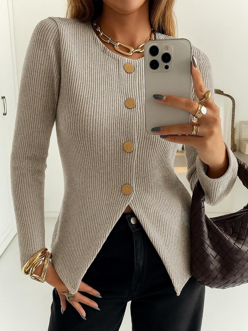 Women's Elegant Ribbed Knit Button-Front Long Sleeve Top, Casual Elegant Fitted Design in Medium-Weight Fabric for All-Season Wear