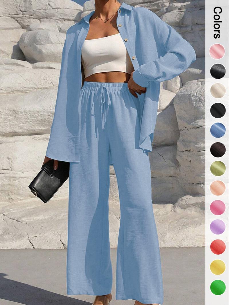 Women's Solid Button Front Shirt & Wide Leg Pants Set, Casual Two-piece Set, Women's Spring & Fall Clothes for Daily Wear, Casual Lounge Set