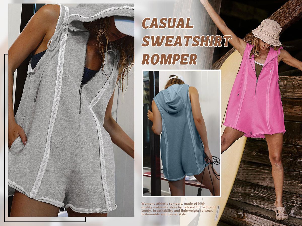 SCUSTY Women's Short Half Zipper Sports Jumpsuit  Leisure Sleeveless Loose hooded Athletic Romper Casual Summer Sweatshirt with Pockets for Fitness Outdoor