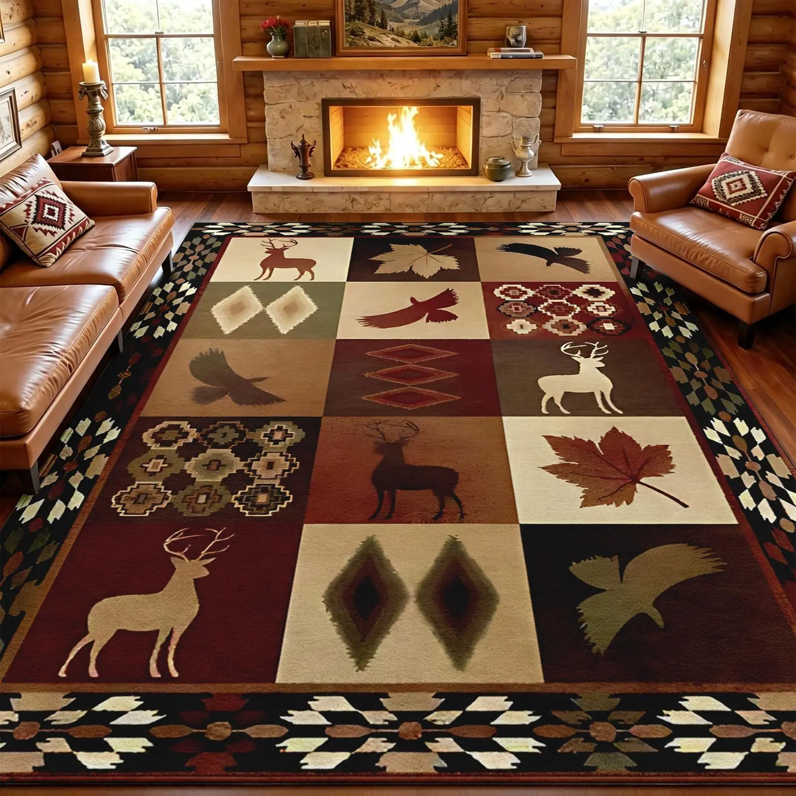 Rustic Deer Patchwork Area Rug – Buttery-Soft Faux Cashmere Low Pile, Non-Slip Backing, Stain-Resistant Machine Washable – Room Decor for Living, Bedroom, Dining, Office Spaces, Rustic Cabin Home Decor, Heartwarming Housewarming Gift (Various Sizes)