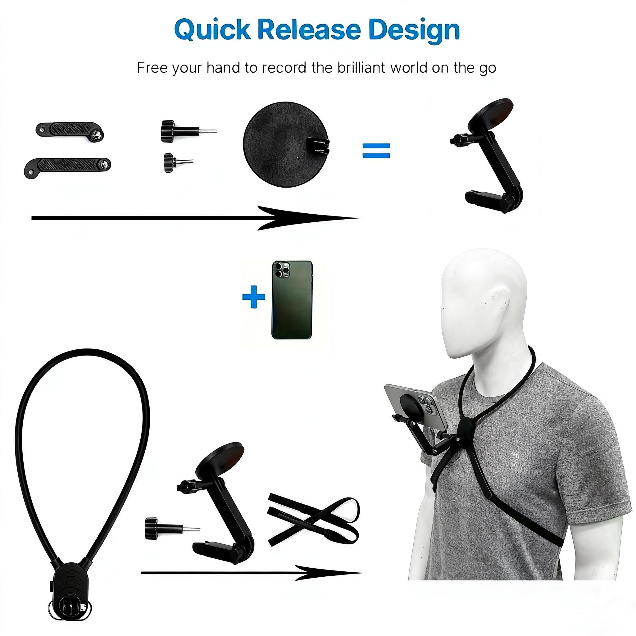 Magnetic Neck Mount for PhonesHands-Free POV/Vlog Holder, Chest Strap foriPhone 16 15 14 13,Android, Action Cameras,and Smartphone Accessories