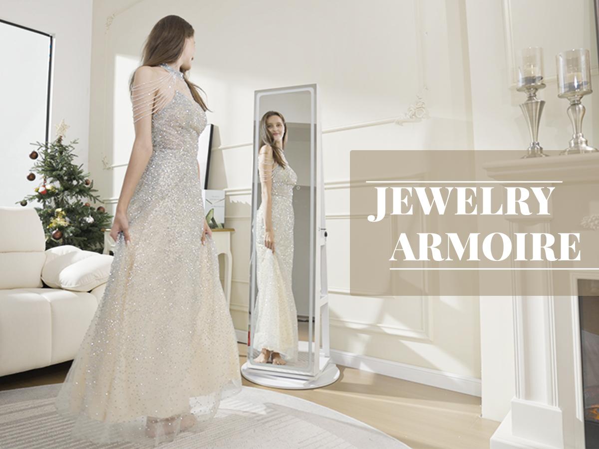 Standing Rotable Mirror Cabinet, full-length mirror, adjustable lighting make up mirror, armoire, space-saving, large storage space, perfect gift idea White Decor