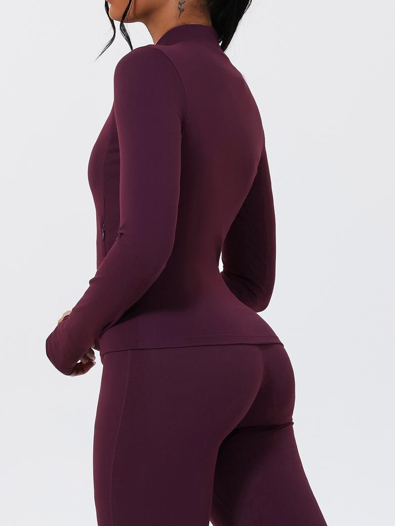 Women's Stand Collar Zipper Yoga Jacket, Windproof Slim Fit Long Sleeve Running Outerwear, Pockets Design, Polyester Spandex Fabric Only Jacket,jackets for women, Sports Yoga Jacket