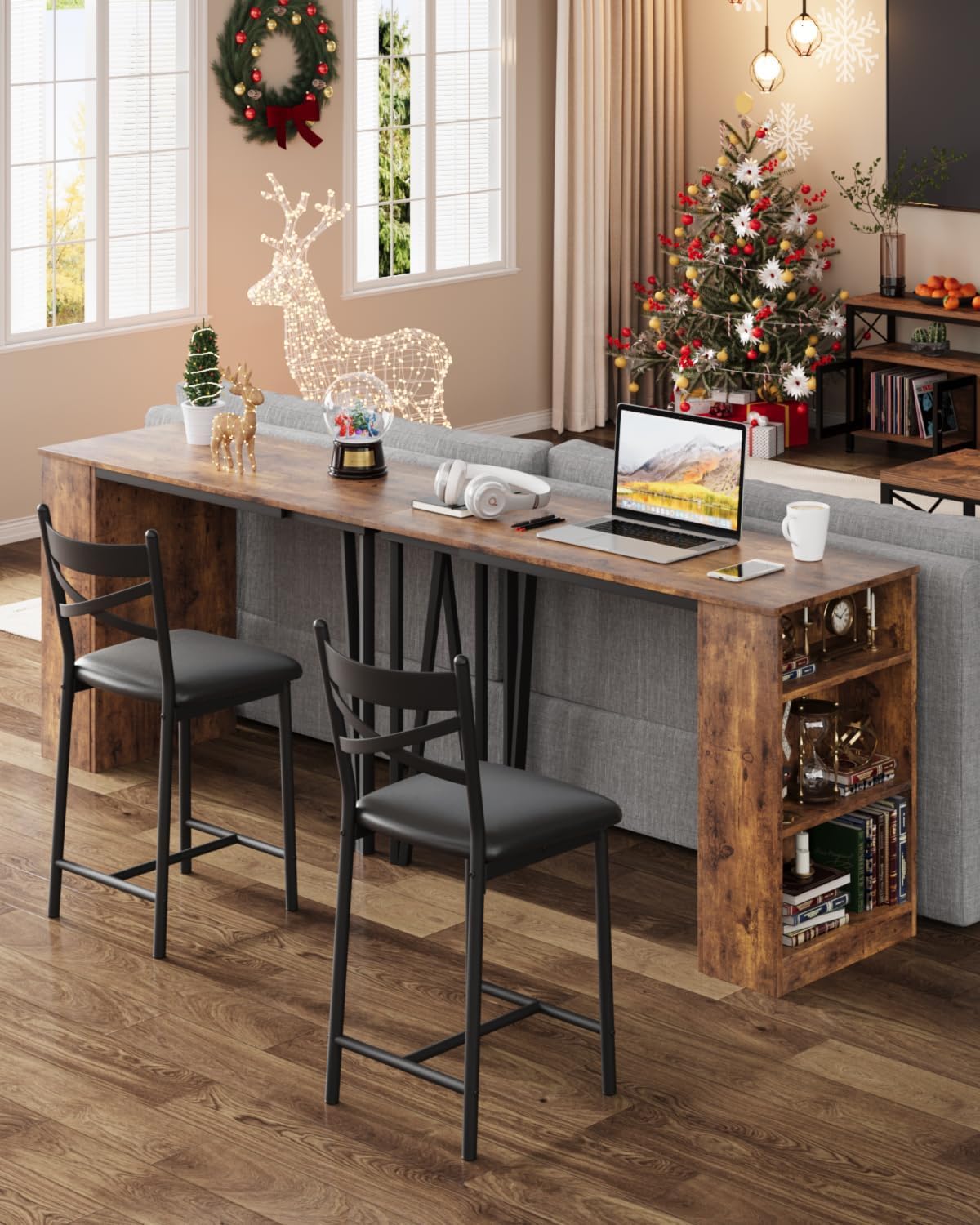 3-Piece Dining Table Set, Counter Height Kitchen Table Set for 2 with 3 Storage Shelves, Expandable Bar Table with 2 Cushioned Chairs for Small Spaces, Apartment