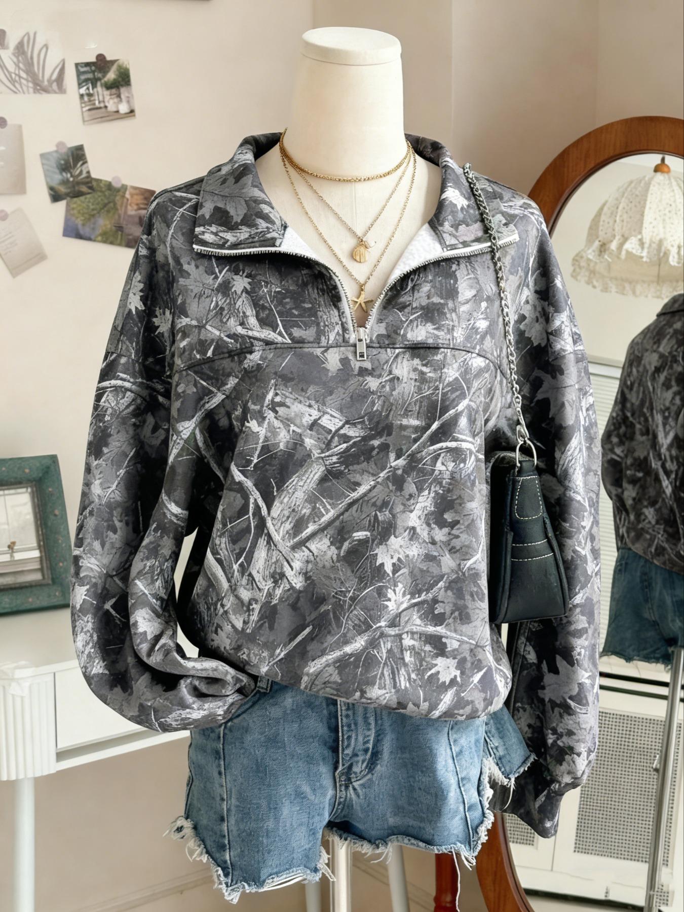 Women's Hooded Half-Zip Casual Round Neck Sport Top, Full Print Leaf Pattern, Digital Printing, Loose Fit, Fall & Winter, Camo Sweatshirt