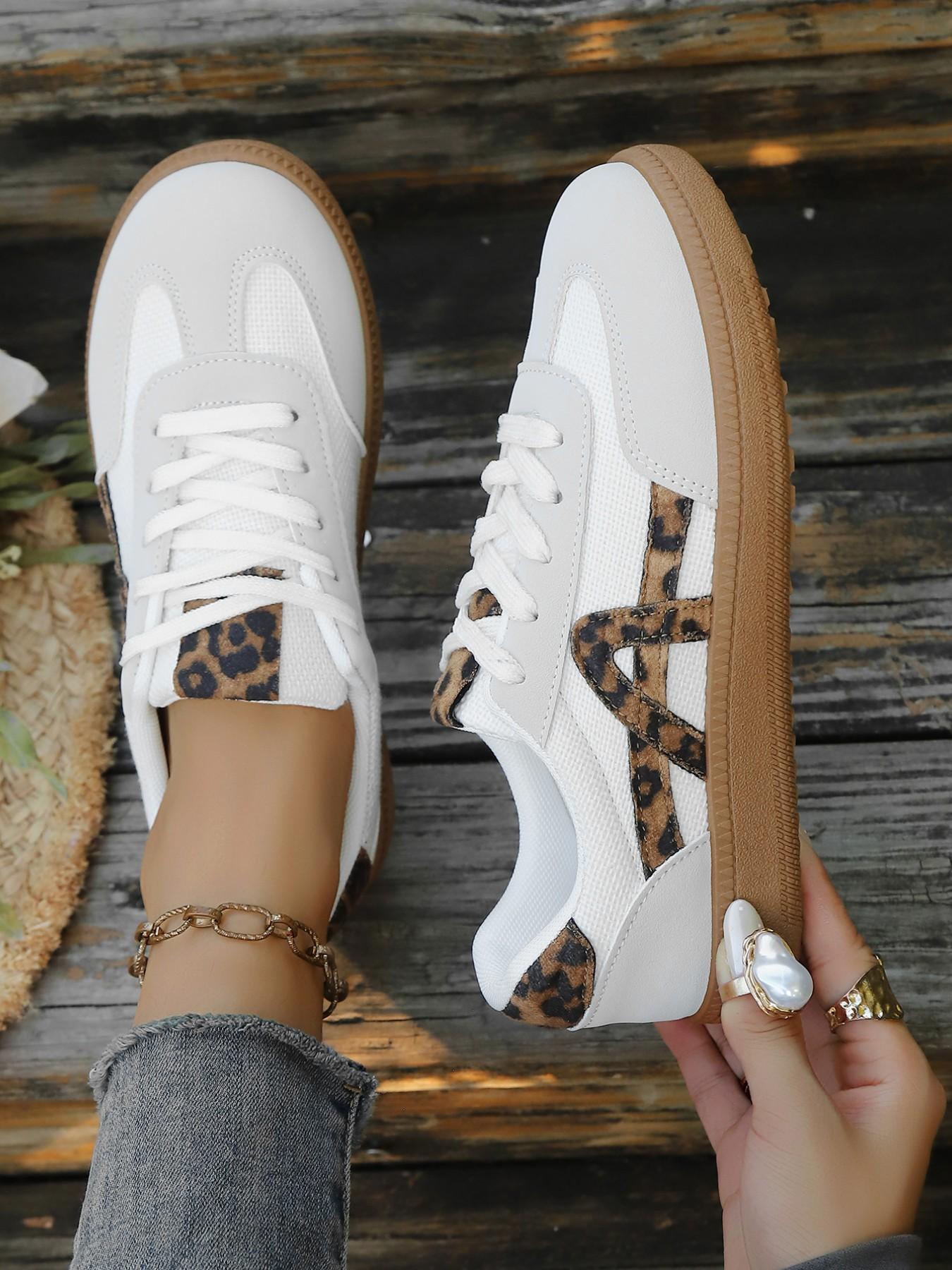 Women's Leopard Patchwork Trainers, Spring & Fall Casual Comfortable Breathable Lightweight Flat Shoes, Retro Style Daily Commute School