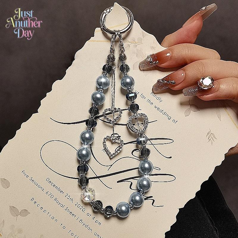 Luxury Crystal Pearl PVC Beaded Phone Lanyard - Rhinestone Heart Wrist Strap, Romantic Glamorous Ethnic Plain Unisex Key Bag Charm Fashion Accessory (Tie Dye, Peppy), Heart Charm, Baroque