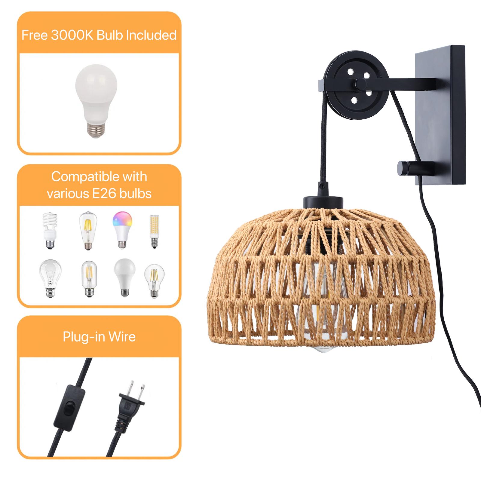 GLITGATE Boho Plug-in Wall Sconce without Bulbs for Livingroom,Hand-woven Rattan Wall Lamp With Adjustable Height,Wall Mounted Night Light,Bedside Wall Lamps for All E26 Bulbs for Bedroom,Living Room Decor (Bulbs Not Included)