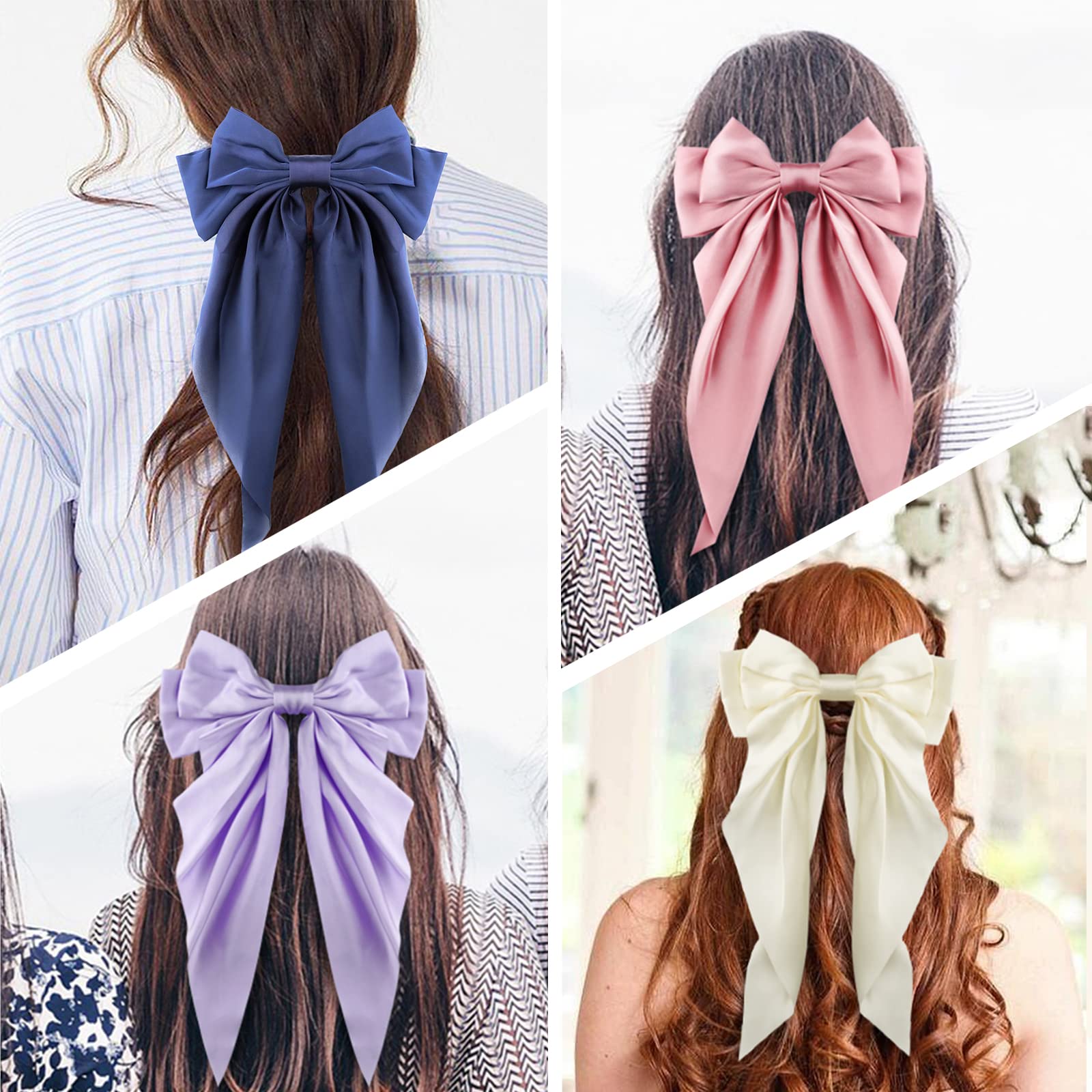 Big Bow Hair Accessories 2pcs - Long Tail French Satin Silky Barrettes for Women and Girls, Black, Burgundy, Red Bows for Birthday, Party, Show, hair clips Fashion