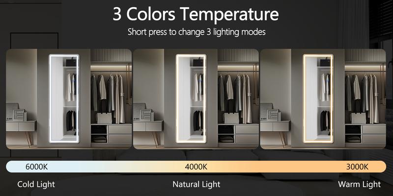 RIMIKING LED Full-Length Mirror, Touch Button Control, Dimmable Brightness, Color Temperature Options,Home Decor, Hd Glass,2164N