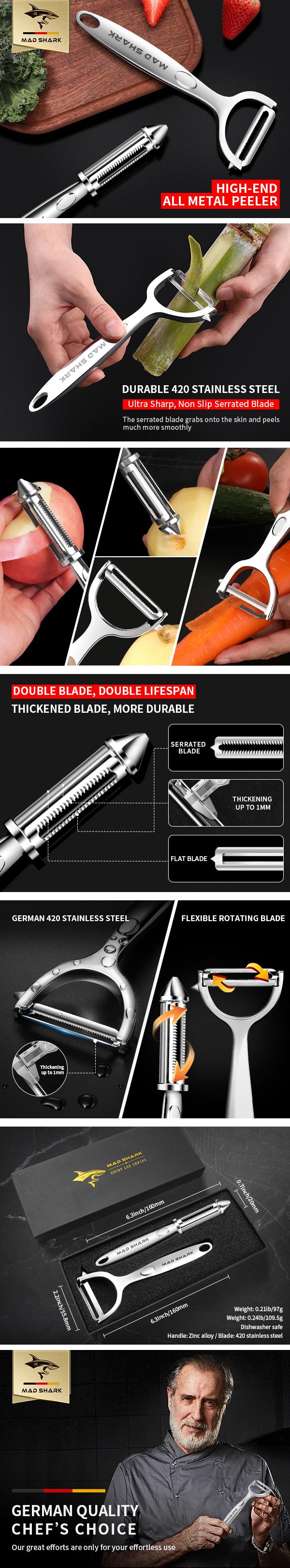 MAD SHARK Stainless Steel Peeler for Fruits, Vegetables, and Potatoes – Multi-Purpose Skin Remover for Apple, Melon, Carrot, and More – Must-Have Kitchen Tool for Home Cooking – Effortless Peeling with Sharp Blade – Ideal for Quick Prep and Easy Clean-Up