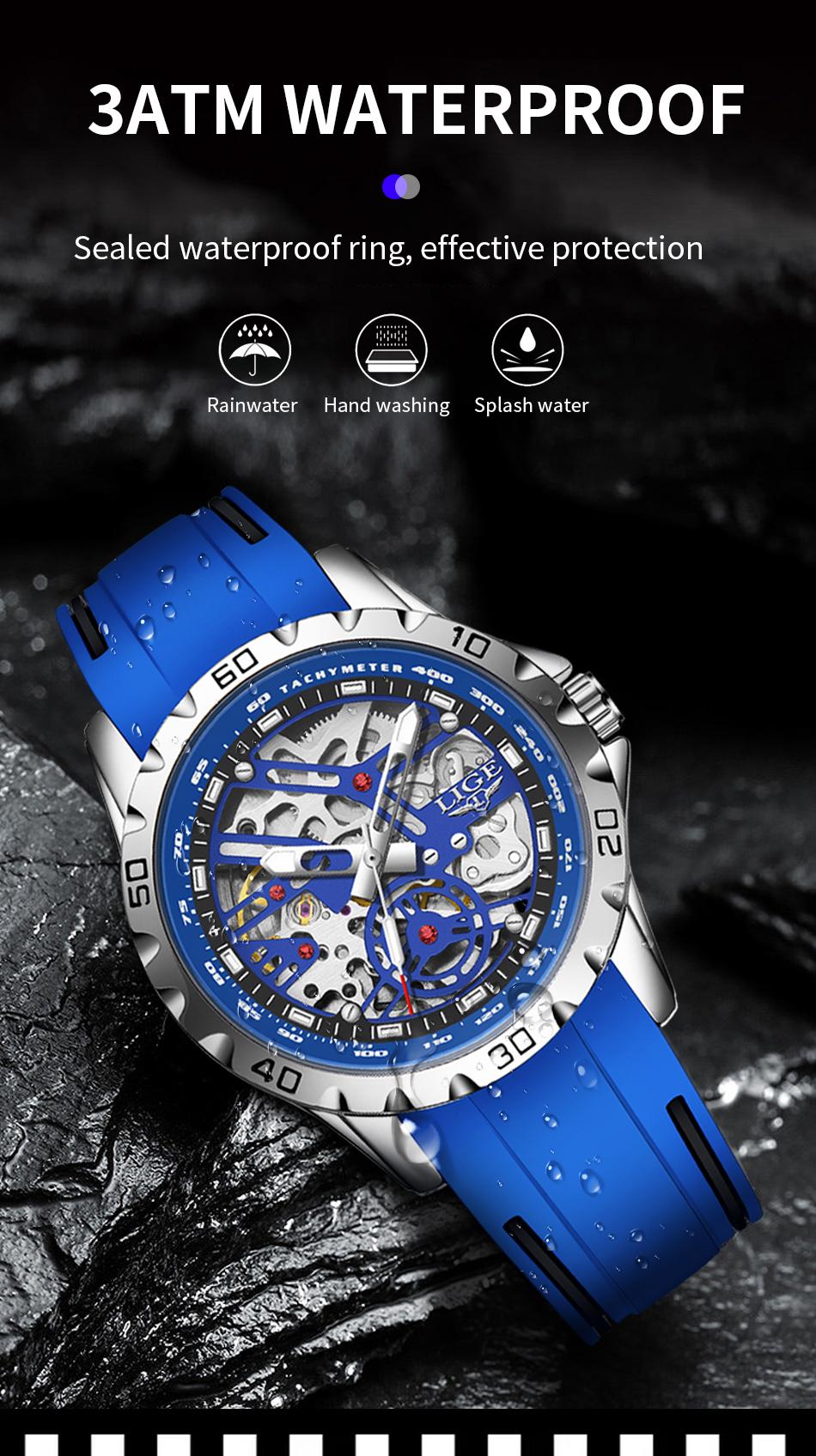 LIGE Men's Skeleton Mechanical Watch, 43mm Casual Wristwatch with Stainless Steel Case and Silicone Strap, Luminous Dial, 30m Water Resistant, Mechanical Style Watches detail 7