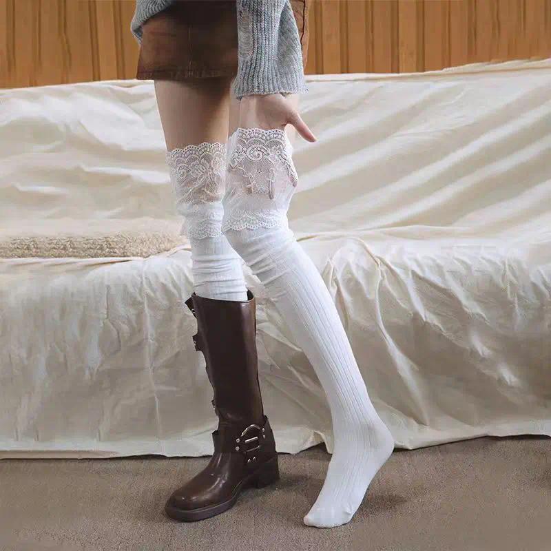 Korean Sexy Lace Thigh High Stockings for Women, Lolita Over The Knee High Socks, Sheer Lace Top Boot Socks for Daily & Cosplay