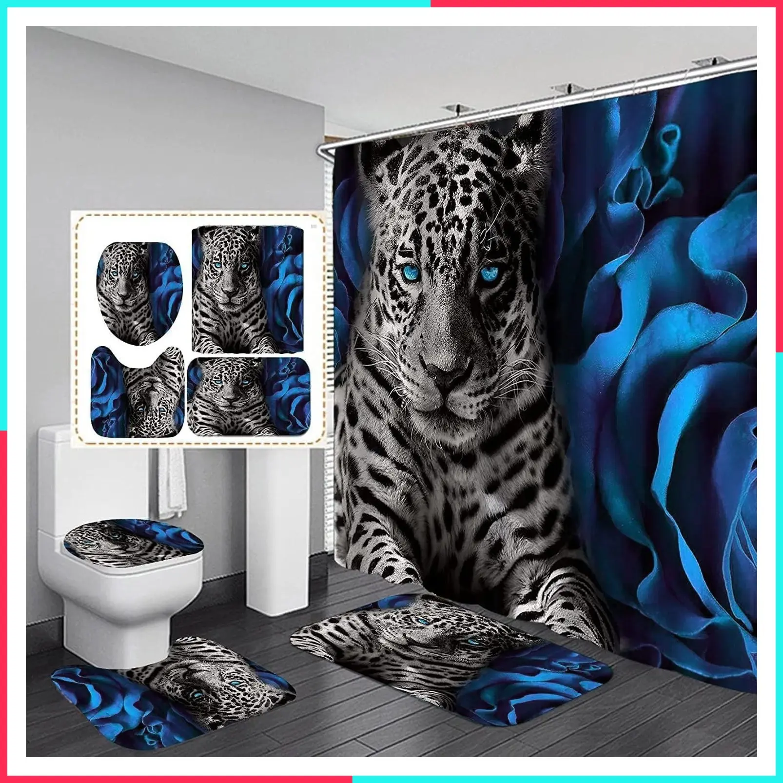 Blue Rose and Leopard 4-Piece Bathroom Set with Shower Curtain, Rugs, Toilet Lid Cover, Non-Slip Mat and 12 Hooks, Luxury Complete Bathroom Decor Accessories