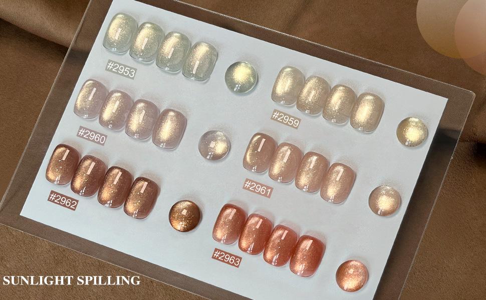GAOY Sunlight Spilling Cat Eye Gel Nail Polish Set with Magnet, Sliver, Brown, Pink, Coral Holographic Cat Eye, Salon Gel Manicure and Nail Art DIY at Home