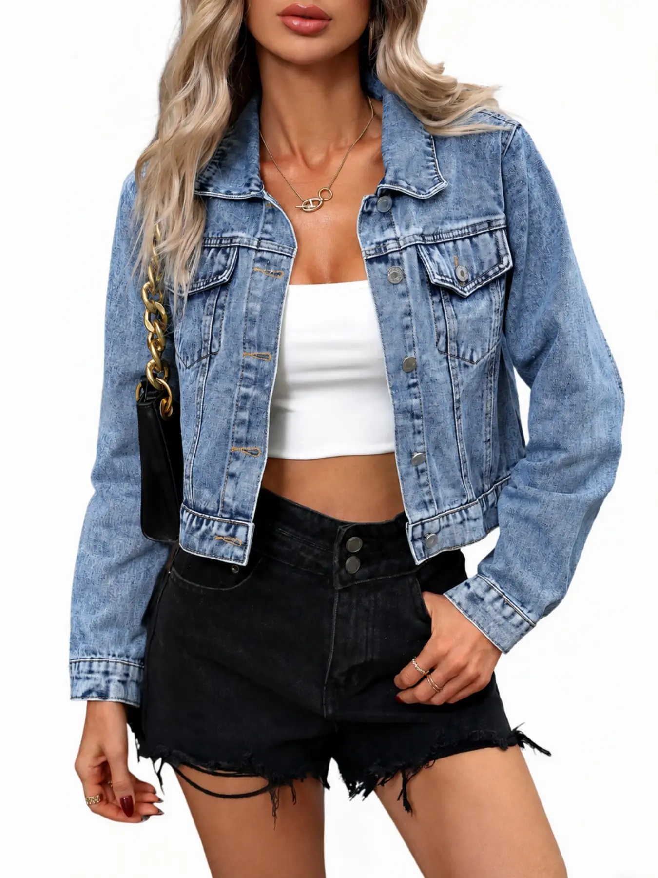 Women's Short Denim Jacket with Snap Pockets, Lightweight Spring/Summer Casual Outerwear, Slim-Fitting Stylish Denim Coat, Style, Fashionable Jacket