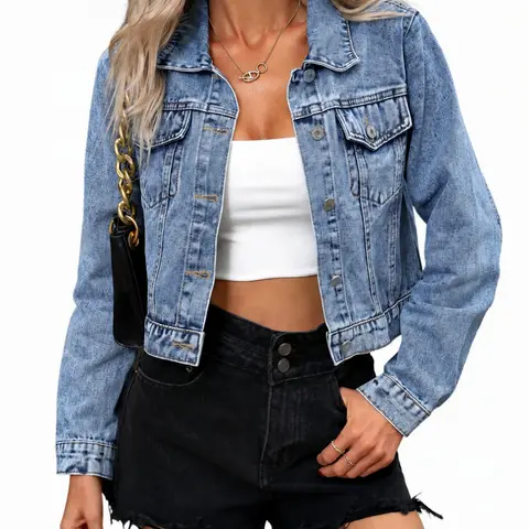Women's Short Denim Jacket with Snap Pockets, Lightweight Spring/Summer Casual Outerwear, Slim-Fitting Stylish Denim Coat, Style, Fashionable Jacket