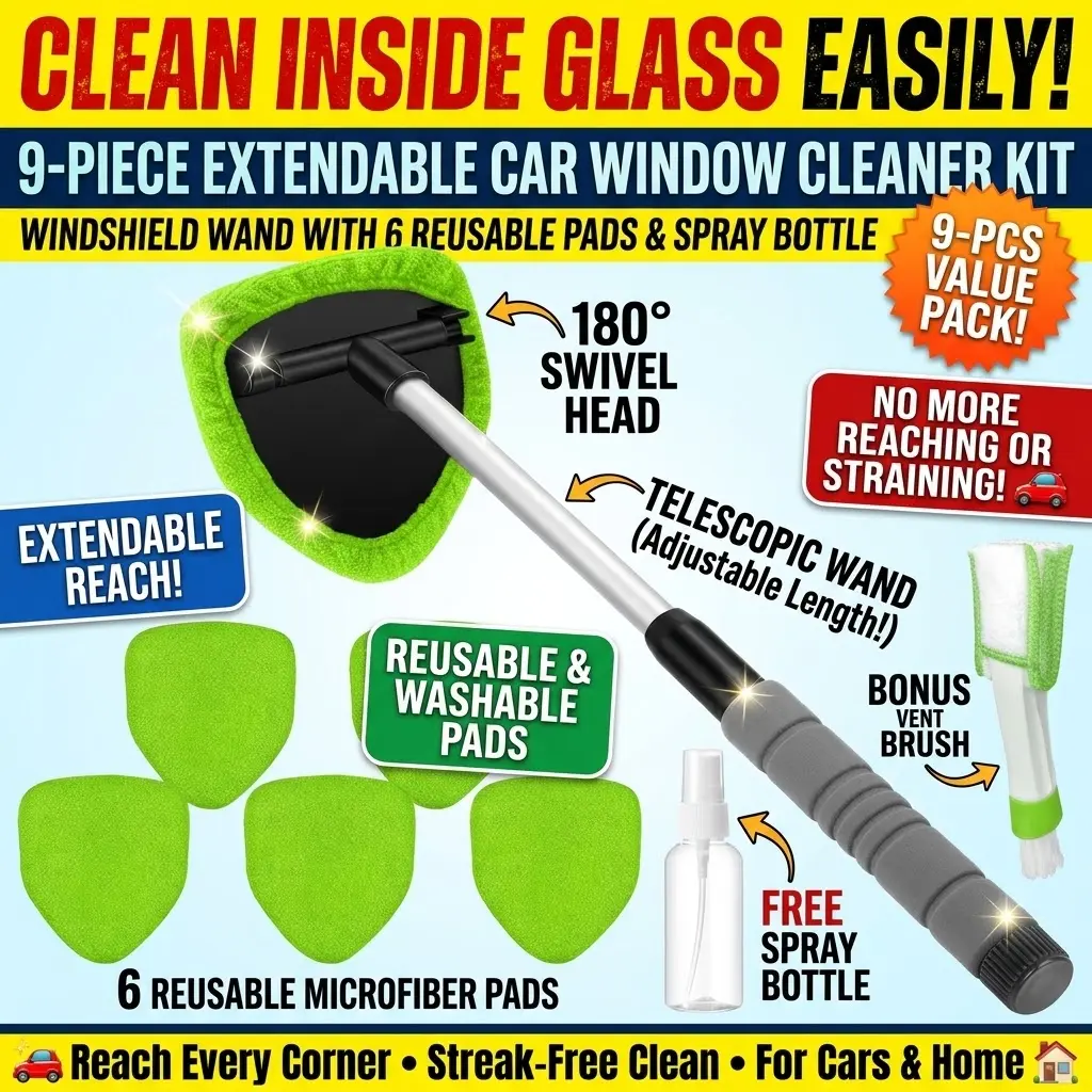 9PCS Windshield Cleaning Tool Kit - Extendable Car Window Cleaner with 6 Microfiber Pads, Air Vent Brush & Spray Bottle