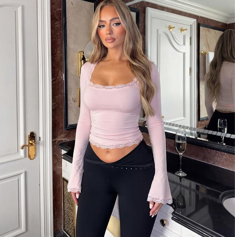 Women's Square Neck Top, Solid Lace Trim Long Sleeve T-Shirt, Elegant Chic Plain Flared Sleeves Slim Fit Crop Top for Spring, Fall and Winter, Womenswear, Blouses Shirts Tops, Casual Elegant Classy, Perfect for Parties, Dates and Everyday Wear