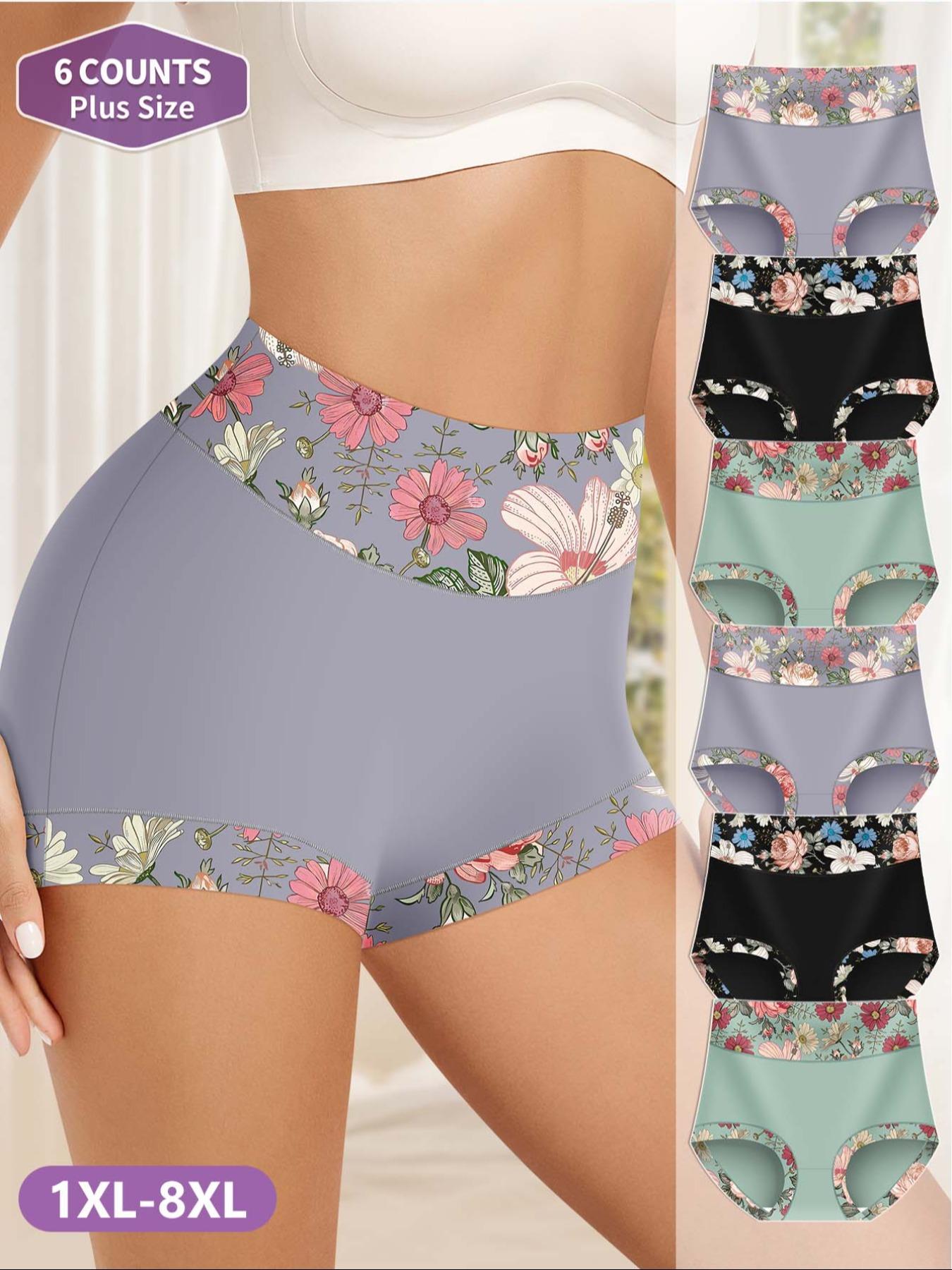 【Plus Size】 Floral Print Patchwork High Waist Panty, Tight Fit Soft Comfy Breathable Brief for Daily Wear, Women's Underwear for All Seasons, Colorblock Print Panty