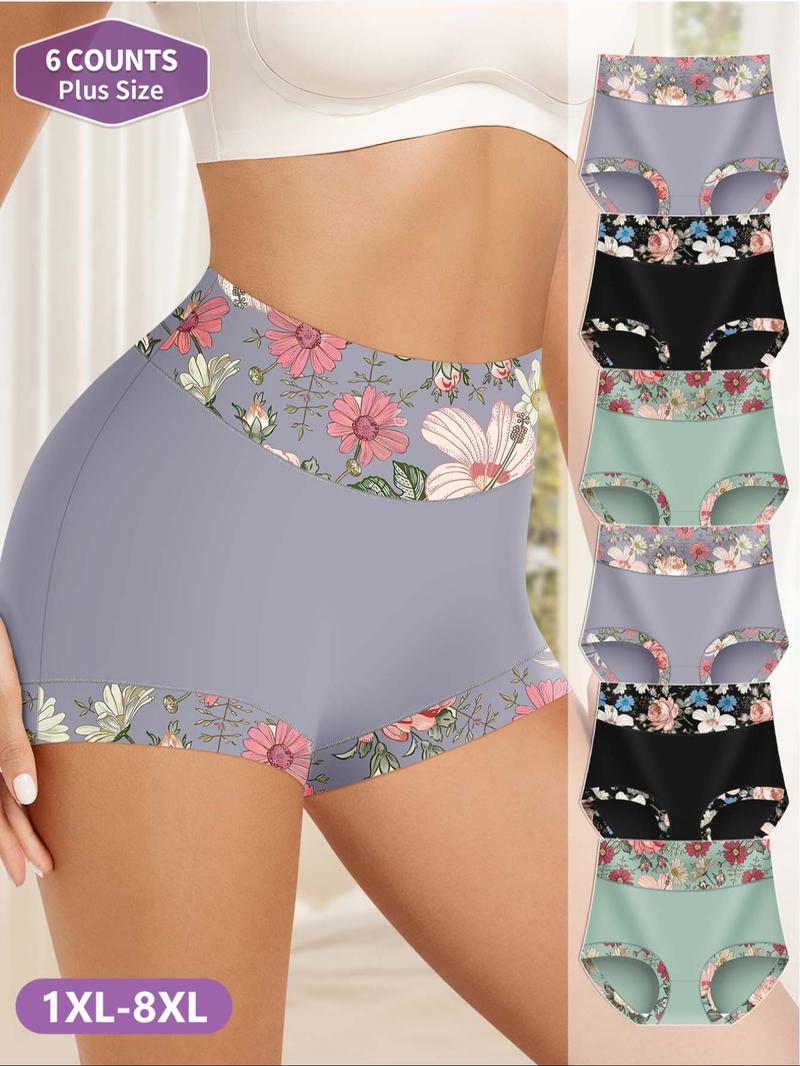 【Plus Size】 Floral Print Patchwork High Waist Panty, Tight Fit Soft Comfy Breathable Brief for Daily Wear, Women's Underwear for All Seasons, Colorblock Print Panty