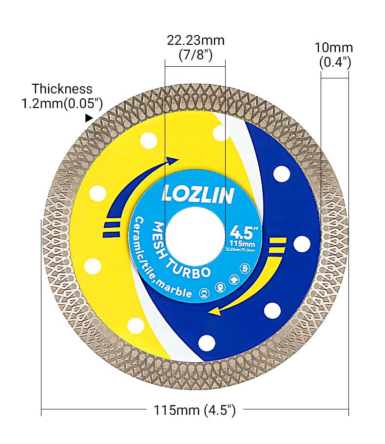 LOZLIN 3PCS 4.5"(115MM) Mesh Turbo Diamond Saw Blade All-Ceramic - Ultra-Thin Dry Cutting Blade for Ceramic Tile, Stone - No Chipping Grinding Disc for Angle Grinder Tools