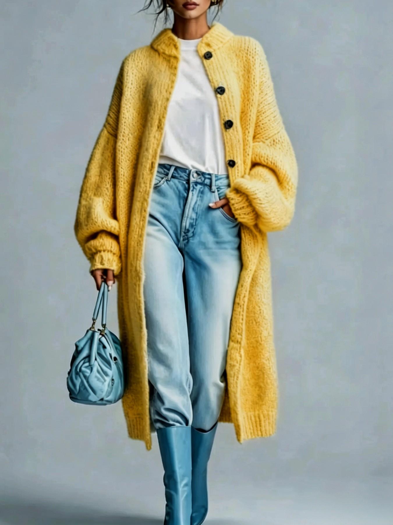 Women's Solid Color Casual Long Knit Cardigan, Button Stand Collar Long Sleeve Fall & Winter Loose Oversize Sweater Coat, Comfortable Outerwear