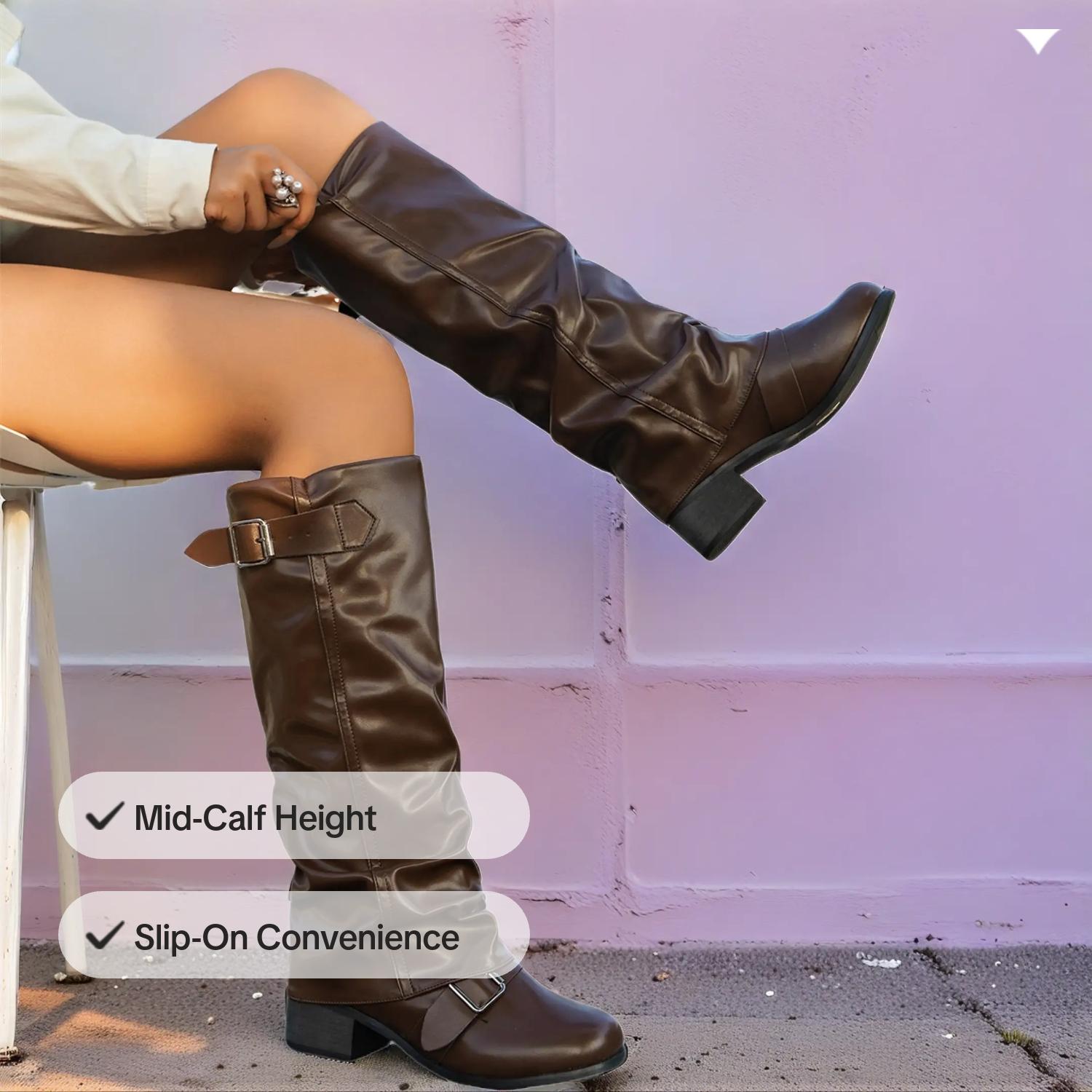 Women's Fashion PU Leather Low Heel Long Boots, Casual Wrinkle Leg Motorcycle Boots, Western Style Biker Boots for Ladies