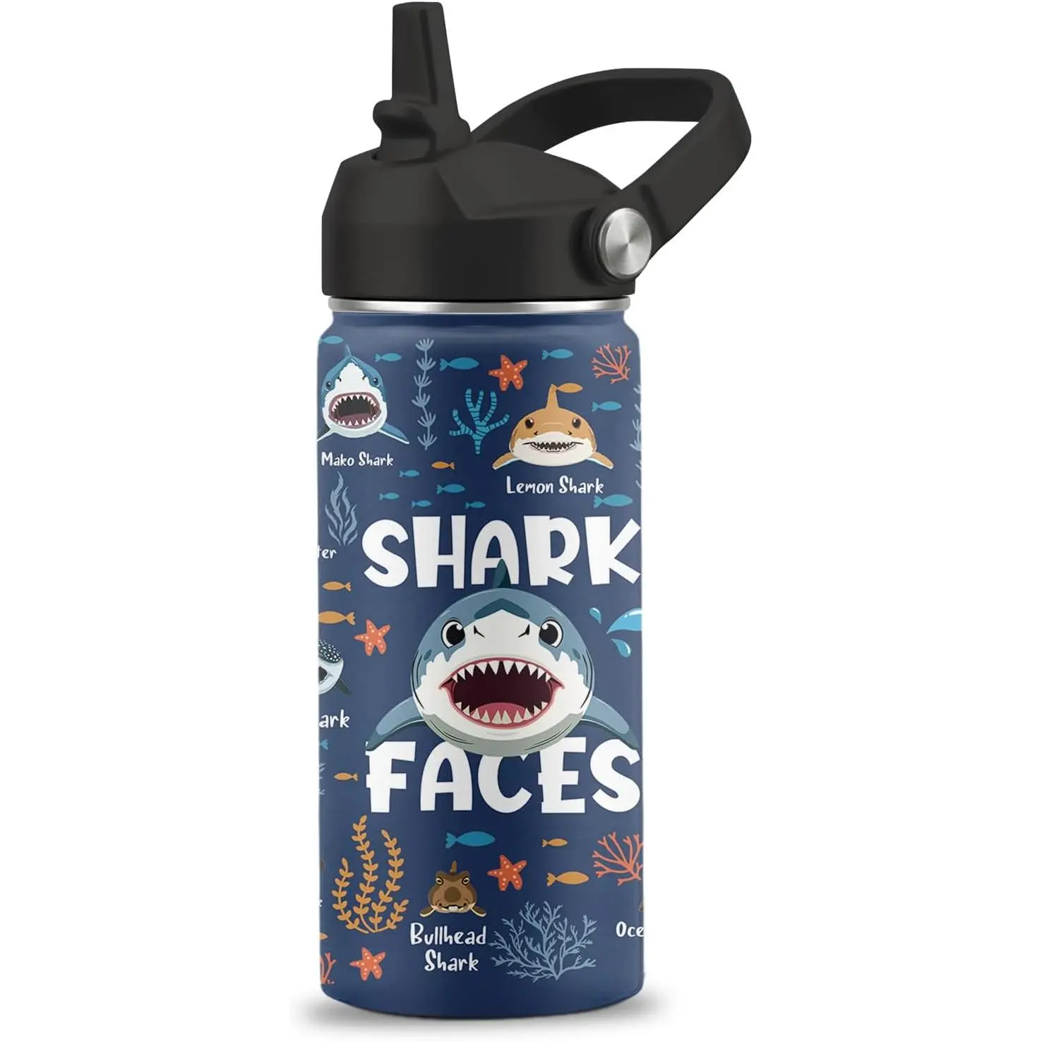 Shark Gifts for Kids, 16 oz Water Bottle with Straw Lid, Stainless Steel Insulated Tumbler, Cute Shark Water Bottles for Boys Girls, Ocean Animals Lovers Gifts Cups