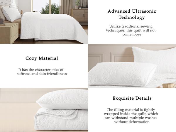 Whale Flotilla Soft Queen Quilt Bedding Set for All Seasons, Vintage Damask Ultrasonic Full Size Quilts Set, Lightweight Reversible Bedspread, Coverlet, Bed Cover with 2 Pillow Shams, soft microfiber home bedroom