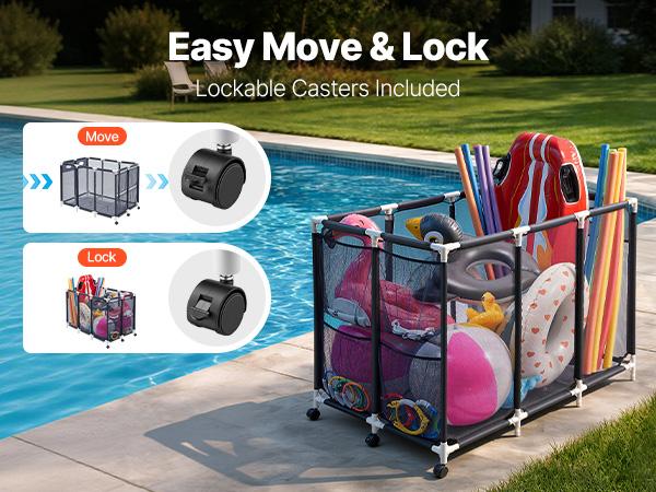 Summervibes VEVOR Pool Storage Bin, 47.2x 30.2x 34 in, Rolling Pool Float Storage Organizer with Side Pockets Casters, Heavy Duty Plastic Frame, Poolside Toys Noodles Holder Mesh Basket for Swimming Pools
