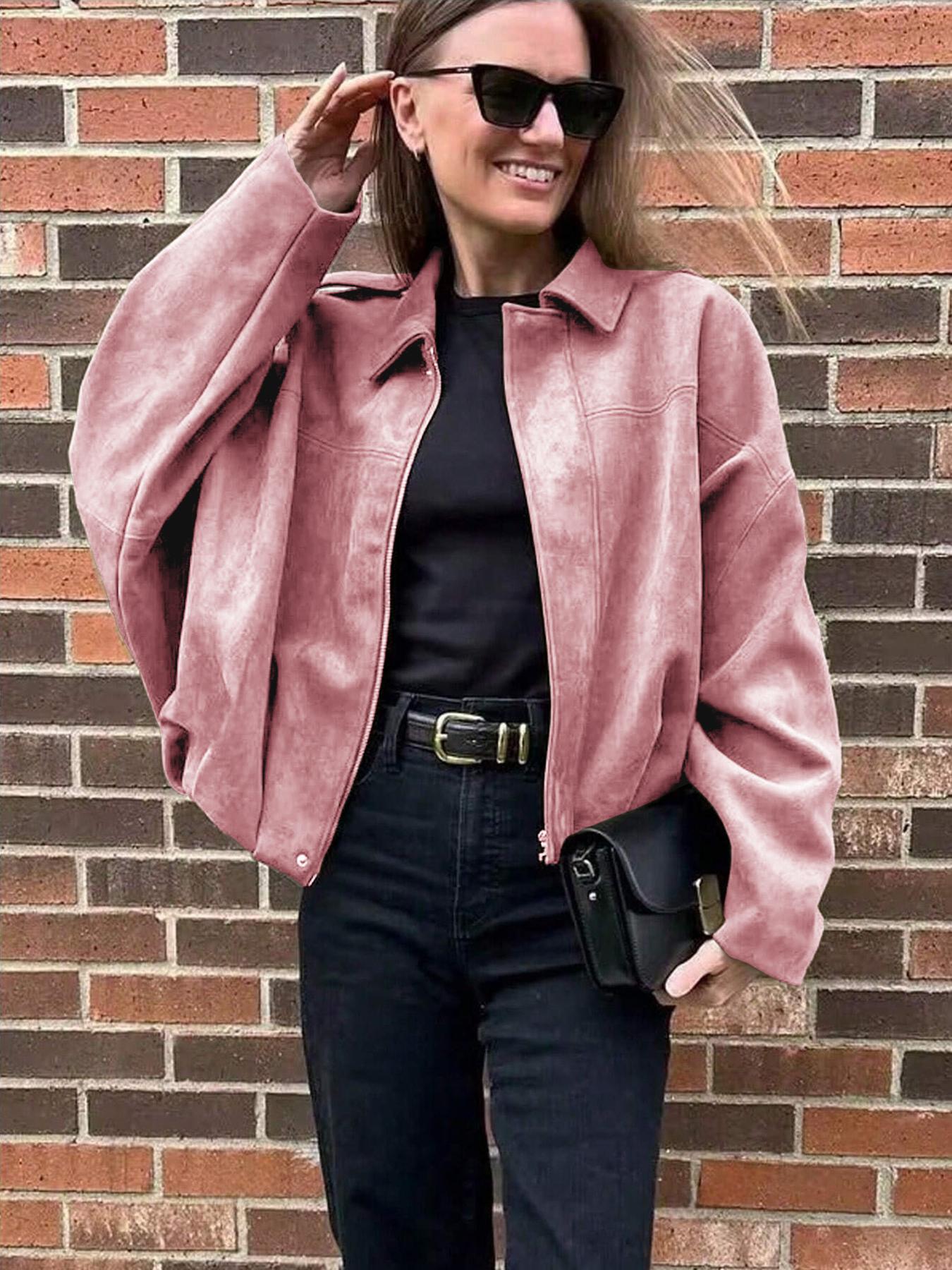 Women's Autumn Winter Suede Texture Zipper Loose Fit bomber jacket, Stylish Turn-Down Collar Design for Casual Wear Coats Outerwear Womenswear