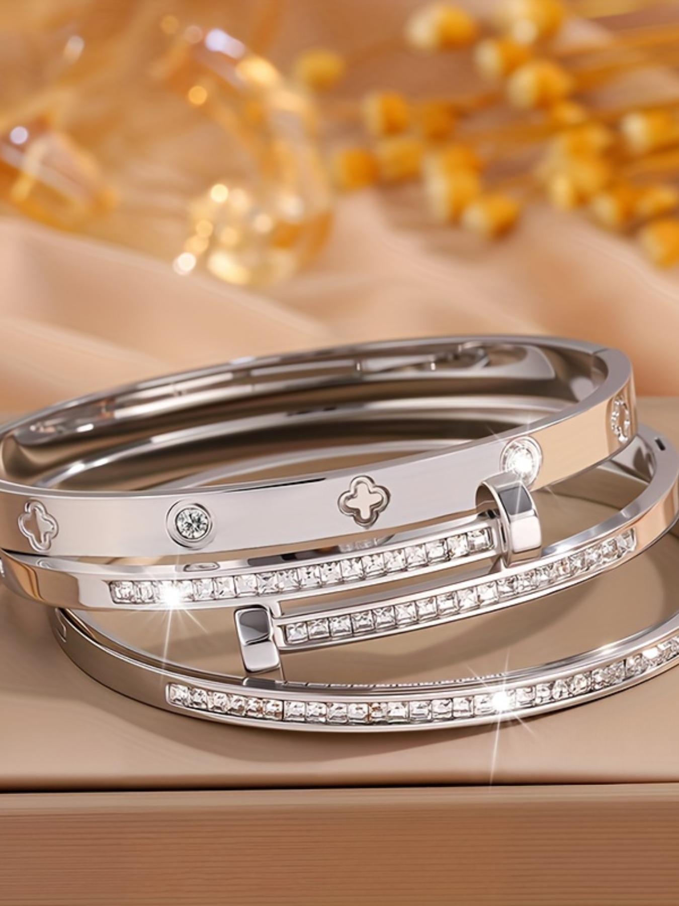 3-Piece Elegant Stainless Steel Bracelet Set, Unisex Party Jewelry, Perfect for Couples, High-Quality Metal, Fashion Accessory Gift