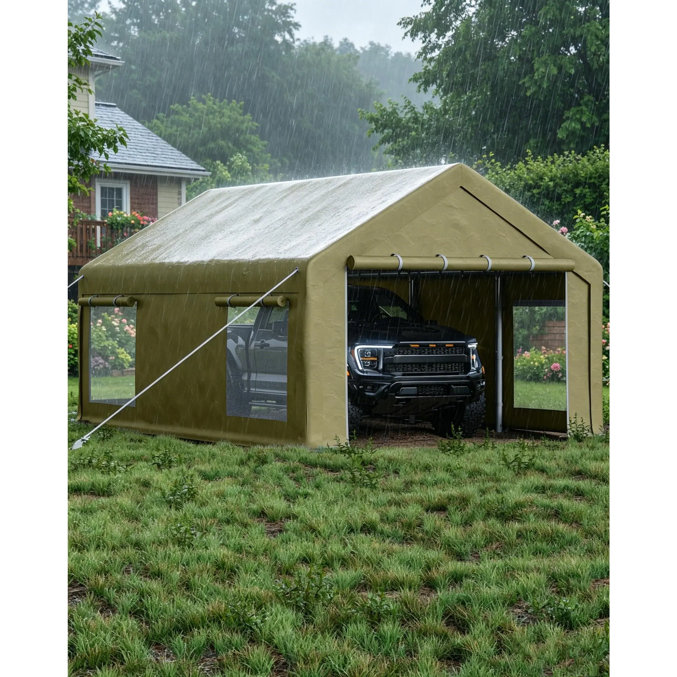 12 x 20 ft Portable Garage, Carport Canopy with 2 Roll Up Doors, 4 Windows, 200g PE Tarp