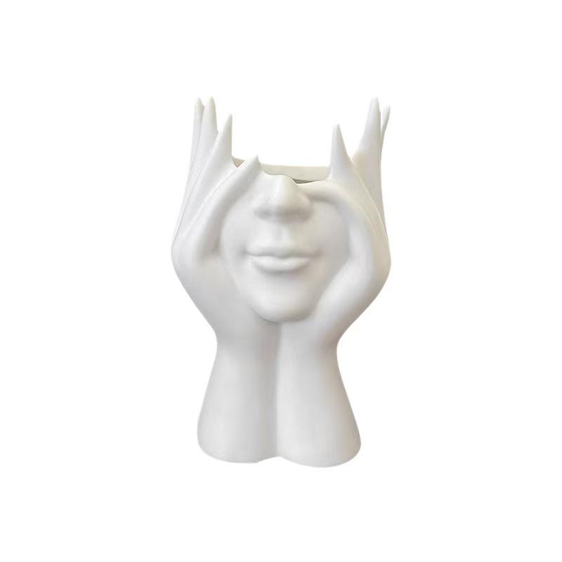 Artistic Hand and Face Sculpture Brush Holder, Minimalist Abstract Decor for Vanity and Desk, Elegant Desktop Accessory