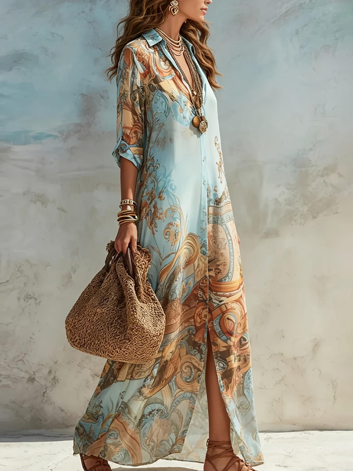 Casual Random Print Notched Lapel Button Long Maxi Slim Fit Dress, Autumn Party Gown, Women's Fashionable Evening Wear, Elegant and Comfortable Design, Elegance