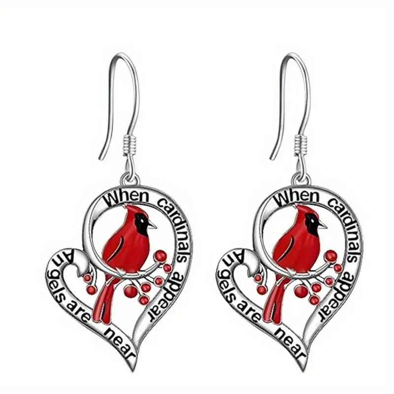 2025 Classic Trend 1 Pair Heart-Shaped Hollow Red Cardinal Pendant Men's Earrings, Christmas Party Commemorative Accessories Gift Jewelry