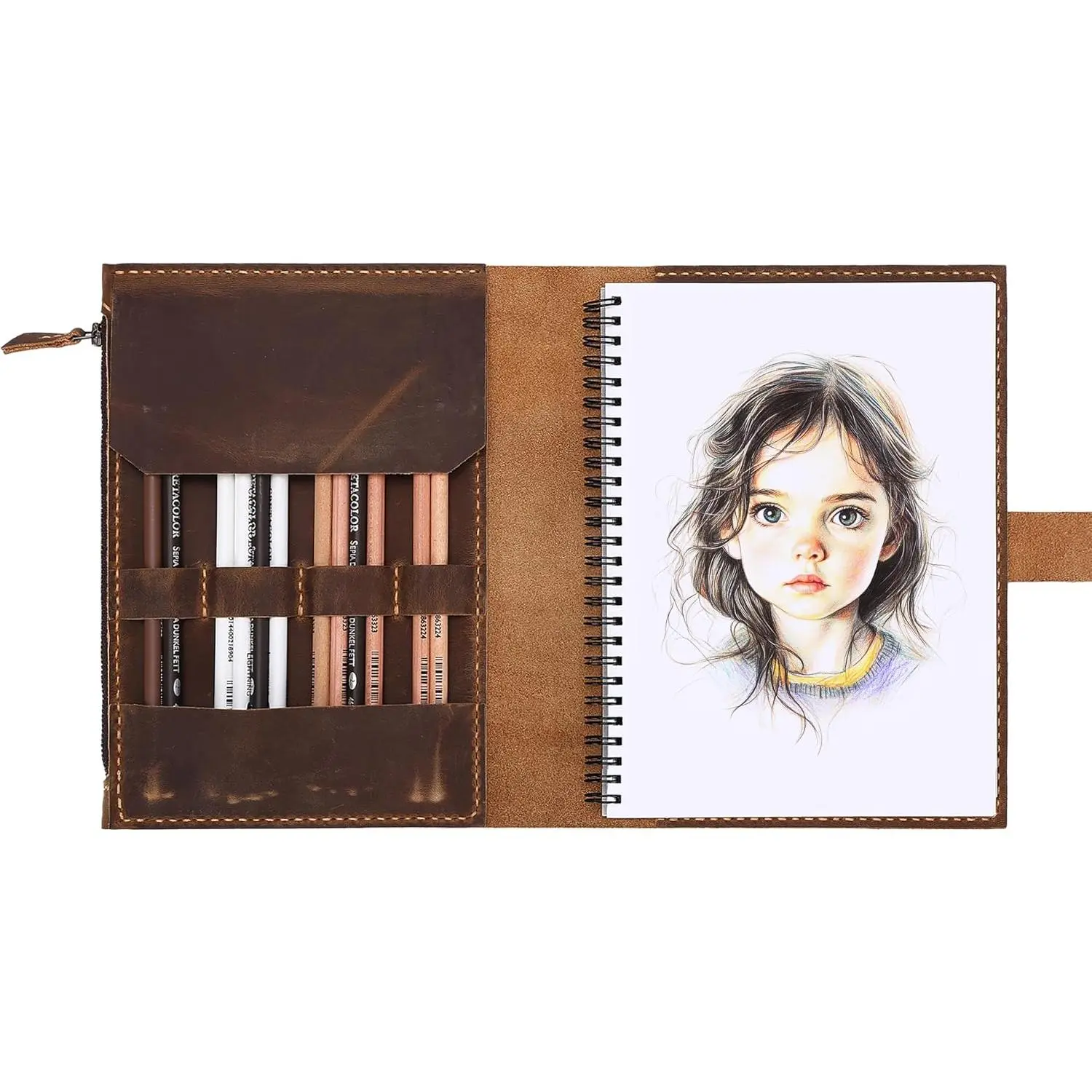 Leather Sketchbook Cover for A5/5.5"x8.5" sketch pads -   Artist Case with Pencil Holder & Zipper Pocket, Professional Drawing Supplies (Brown, 5.5"x8.5")