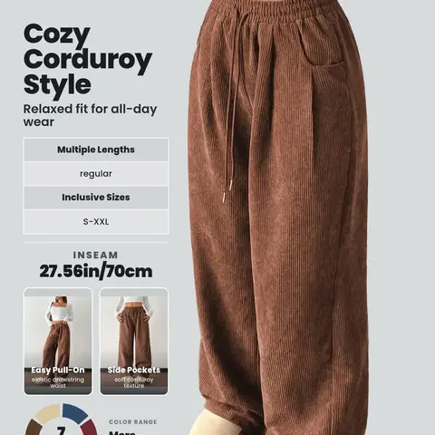 Women's Basic Loose-Fitting Baggy Solid Corduroy Elastic Waist Drawstring Adjustable Bottom Pants, Womenswear Casual All-Season Straight Leg Trousers for Autumn & Winter Valentine's Day #GLOBAL PICKS