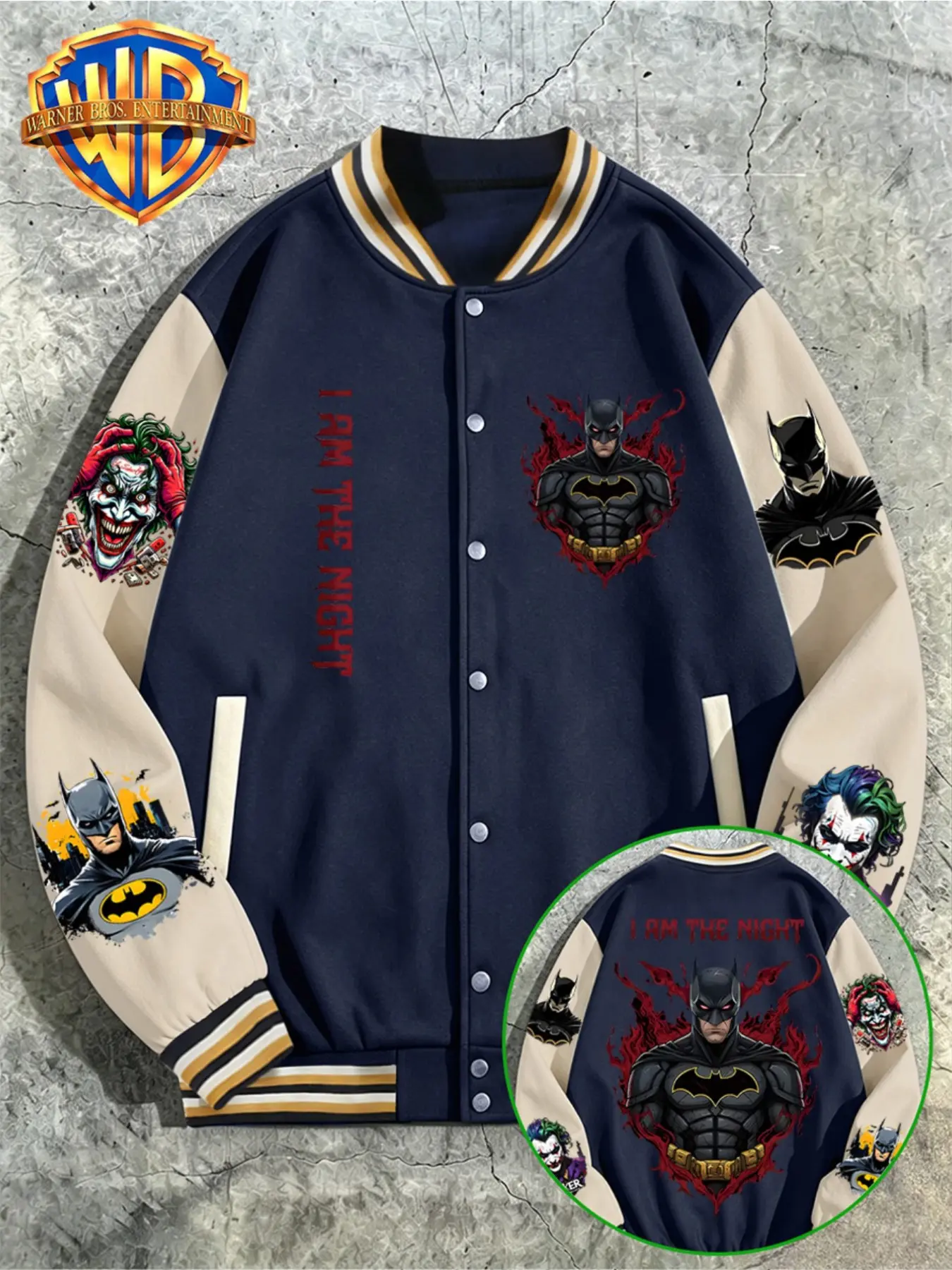 Wb Warner Bros. Batman Joker Varsity Jacket, Dark Style Graphic Color Block, Casual Hip Hop Streetwear, Loose-Fitting Baseball Coat for Men