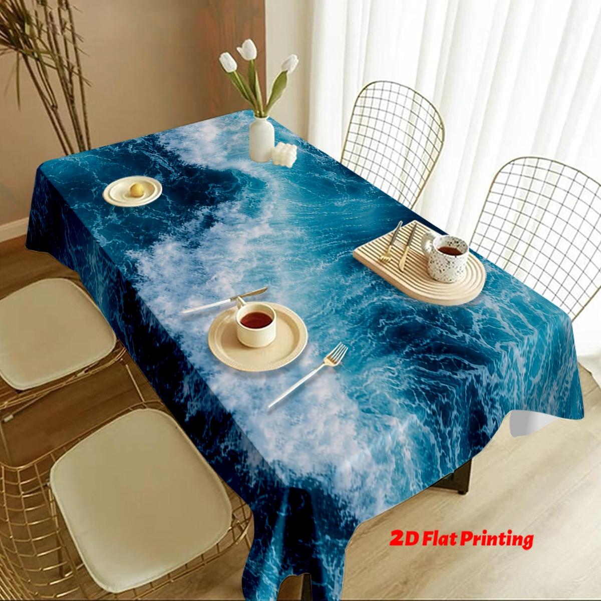 Blue Ocean Wave Rectangular Tablecloth, Thick Polyester, Machine-Made, Durable & Stylish, Party Decor, Coastal Aesthetic, Easycare Fabric