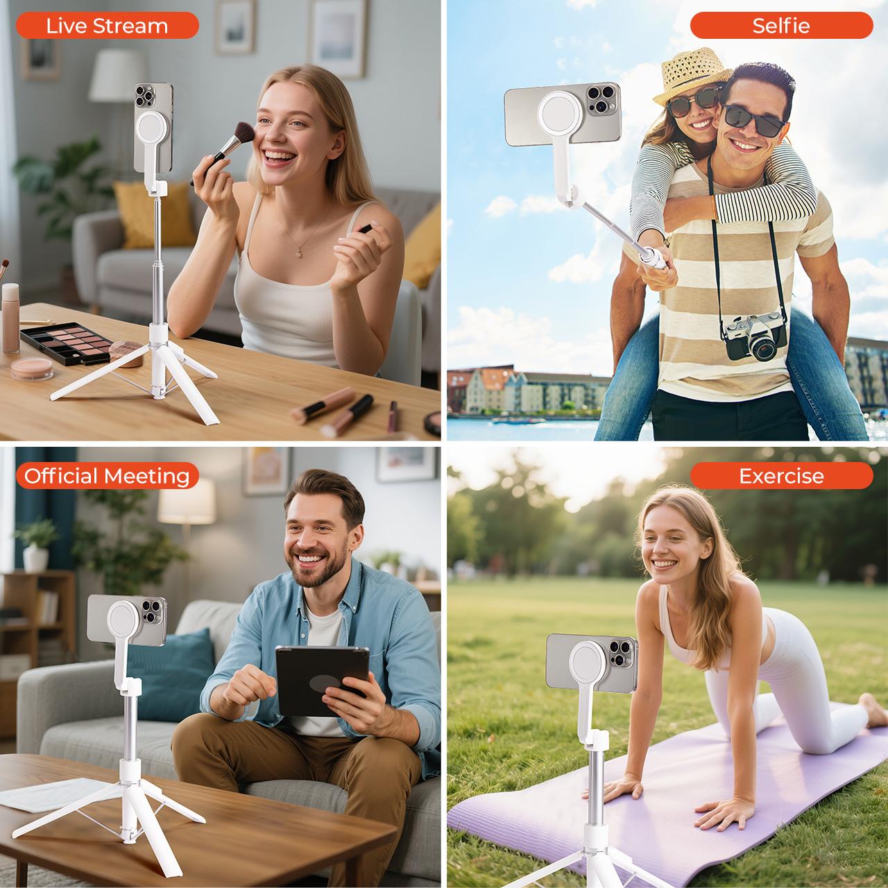 【MUNBYN Auto-Deploys Magnetic Tripod】Automatic Auto-Open Tripod, Magnetic Selfie Stick Tripod for iPhone and Android with Remote Control, 70'' Phone Tripod Compatible with MagSafe, Fit for iPhone 12/13/14/15/16 Series, MagSafe Case