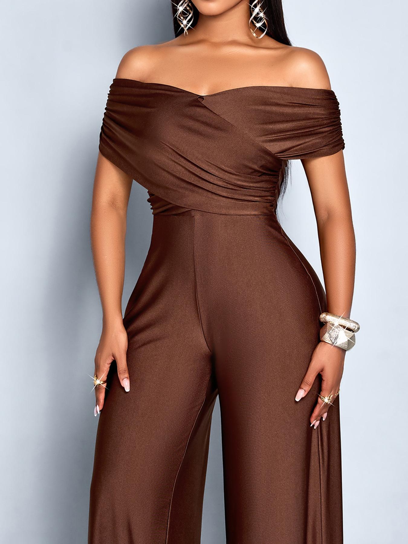 Aliling Elegant Casual Women's Solid Color One-Piece Jumpsuit, Shoulder Cut Out High Waist Straight Leg Pants, All Seasons Slim Fit