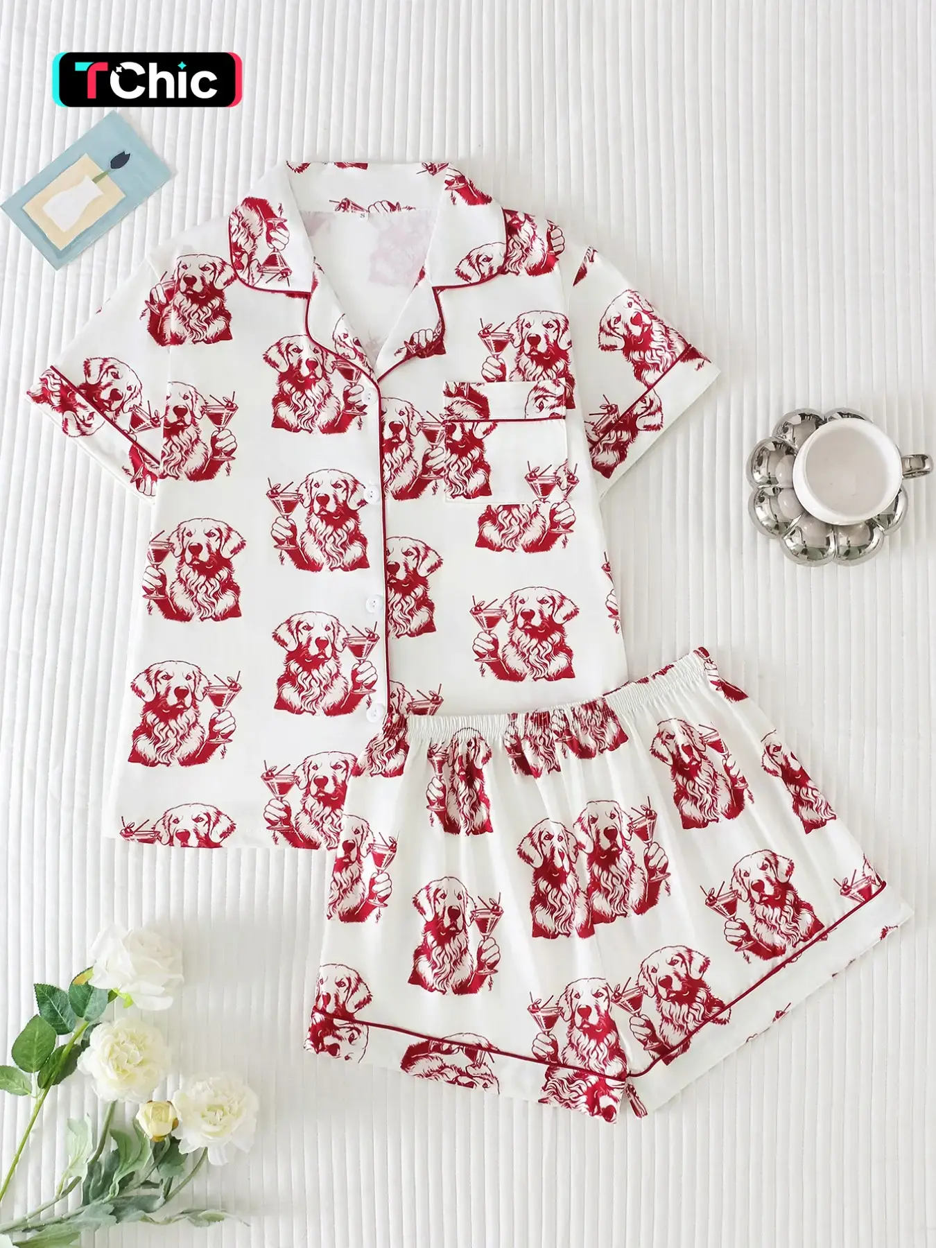 Two-Piece Golden Retriever Print Pajama Set for Women, Loungewear, Nightwear, High-Quality Satin Fabric, Smooth and Comfortable, Elegant Sweet Chic Style, All-Season Wear, Pjs, pyjamas