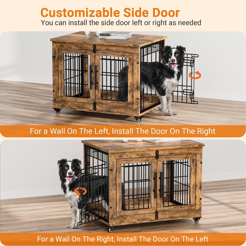 【Deals for Your Days】AOWOS 32-Inch Dog Crate With Padded, 2-Door Wooden Wheels, Indoor Dogs Kennel for Small to Medium