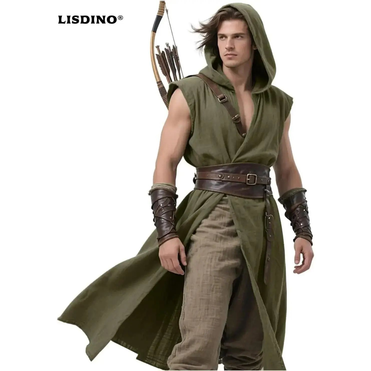 Men's Medieval Hooded Surcoat Renaissance Tabard Sleeveless Tunic Cloak Viking Costume Holloween Assassin Cosplay