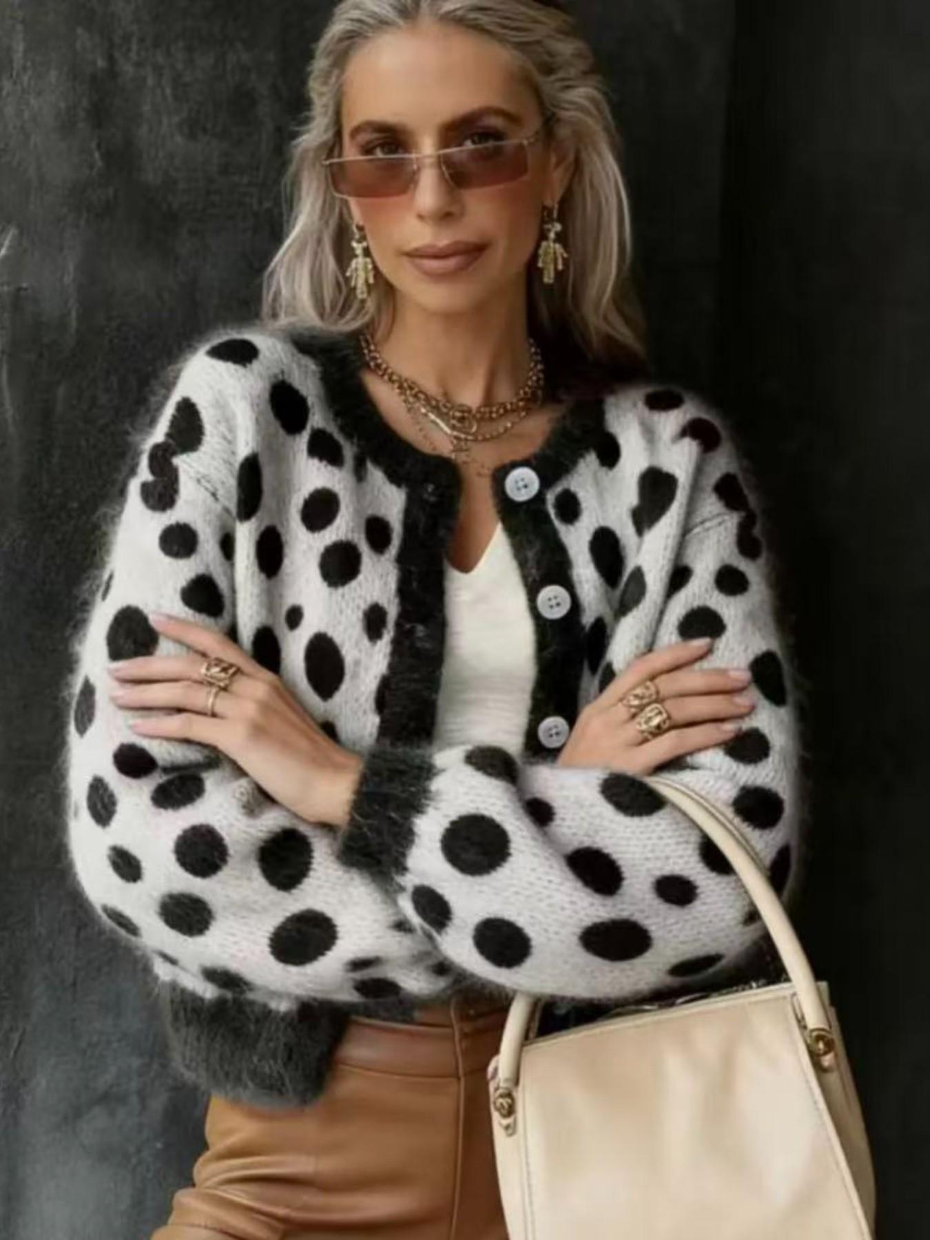 Trendy Polka Dot Colorblock Loose Fit Knit Sweater for Women, Fall Winter New Arrival, Casual Long Sleeve Cardigan, Comfortable and Stylish