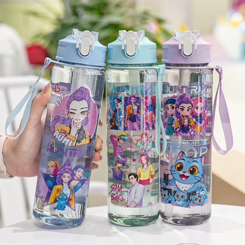 K-Pop Ghost Hunter Theme Totem Water Bottle with Lid and Straw, Reusable Hard Plastic, 700ML Eco-Friendly, Perfect for School, Travel, Halloween Party