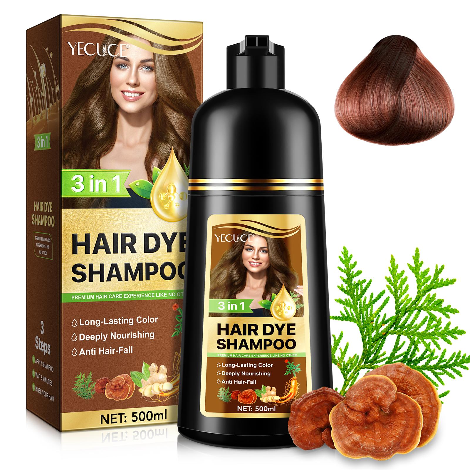 YECUCE 3in1 Hair Dye Shampoo - Dark Brown 500ml, natural herbal hair dye shampoo, quick coloring, suitable for both men and women.
