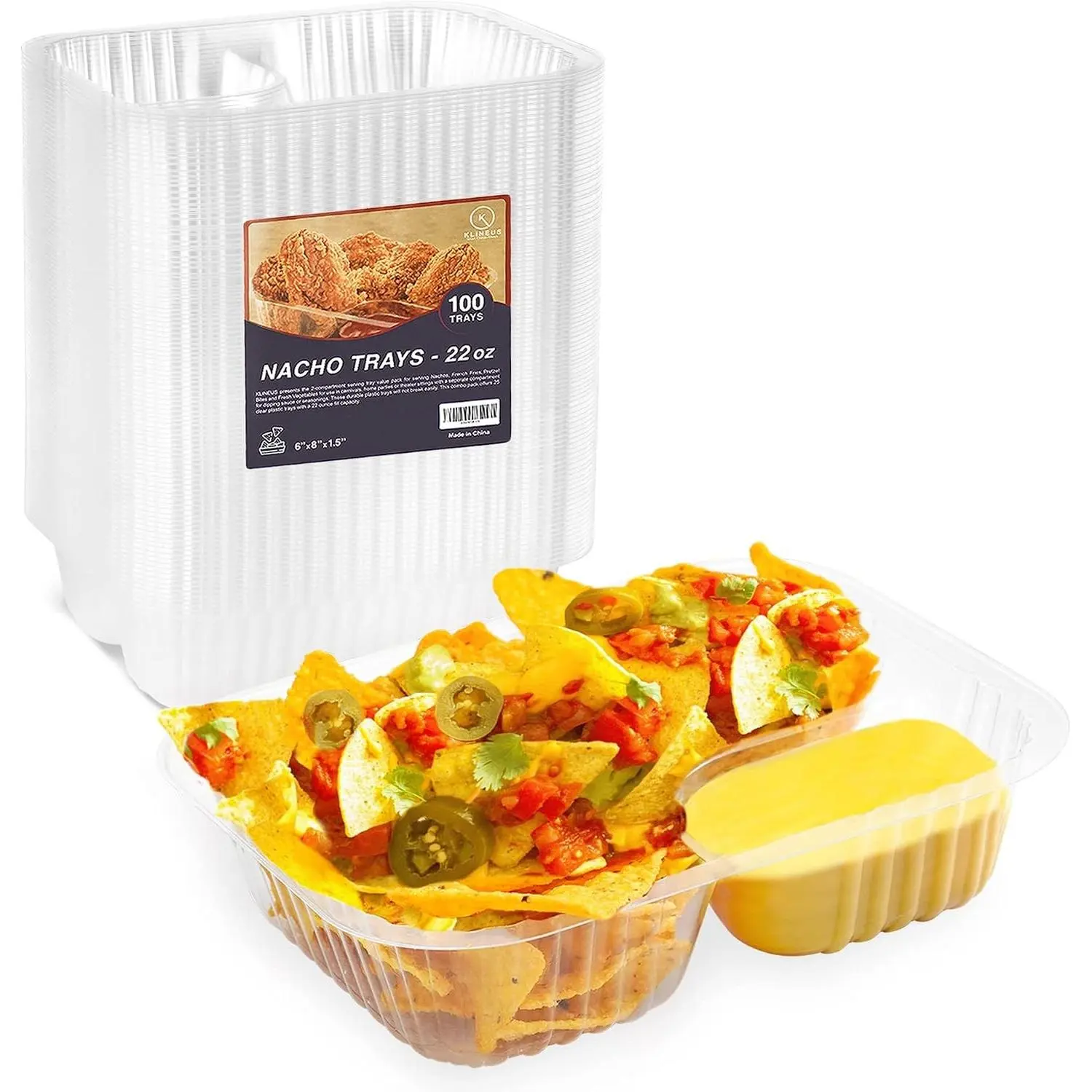100 Pcs Nacho Trays - Large 6"x8" Disposable 22 Oz - 2 Compartments Clear Plastic Containers with Chip and Dip Holder - Ideal For All Occasions